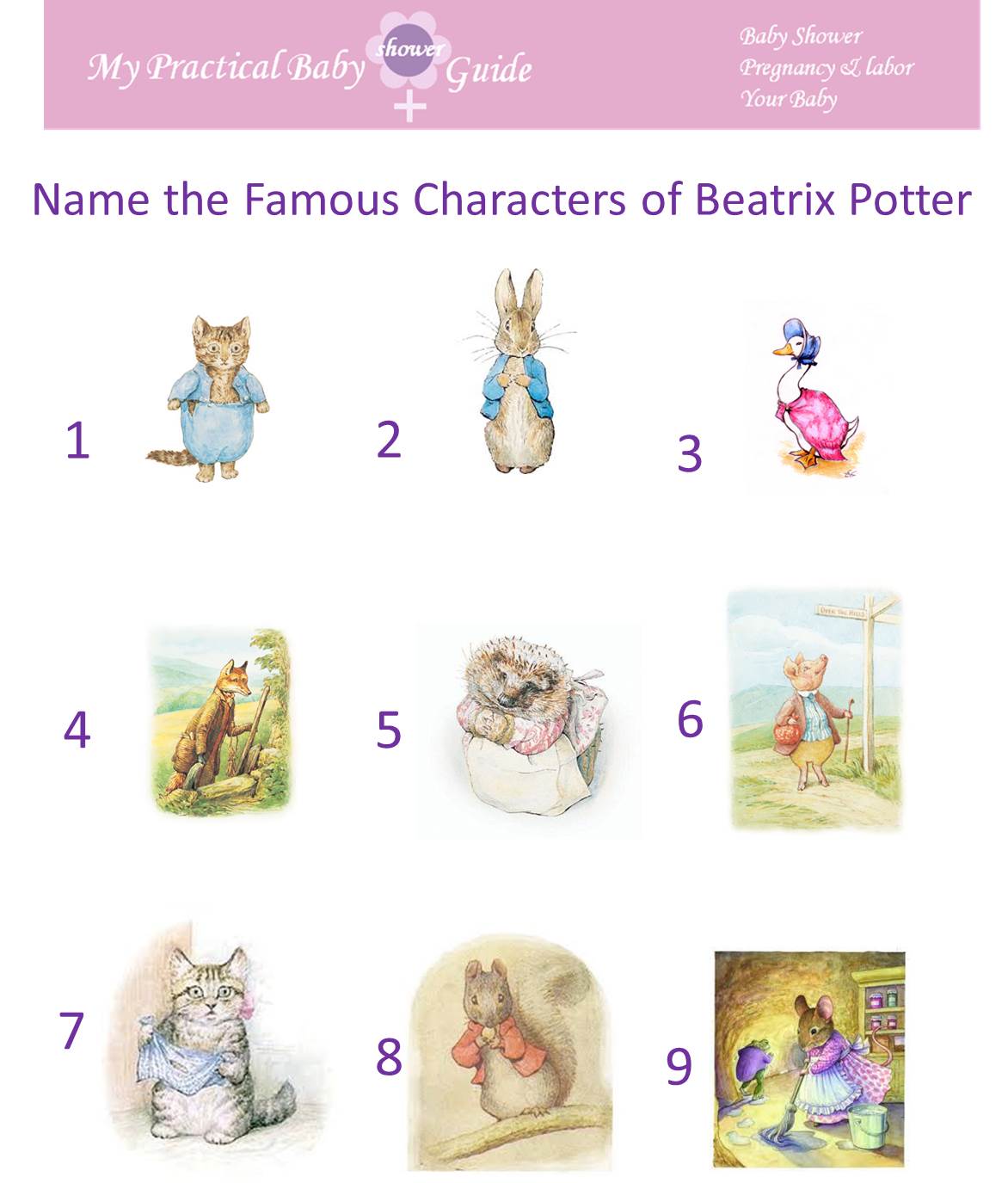 Free Printable Name the Famous Characters of Beatrix Potter Baby Shower Game